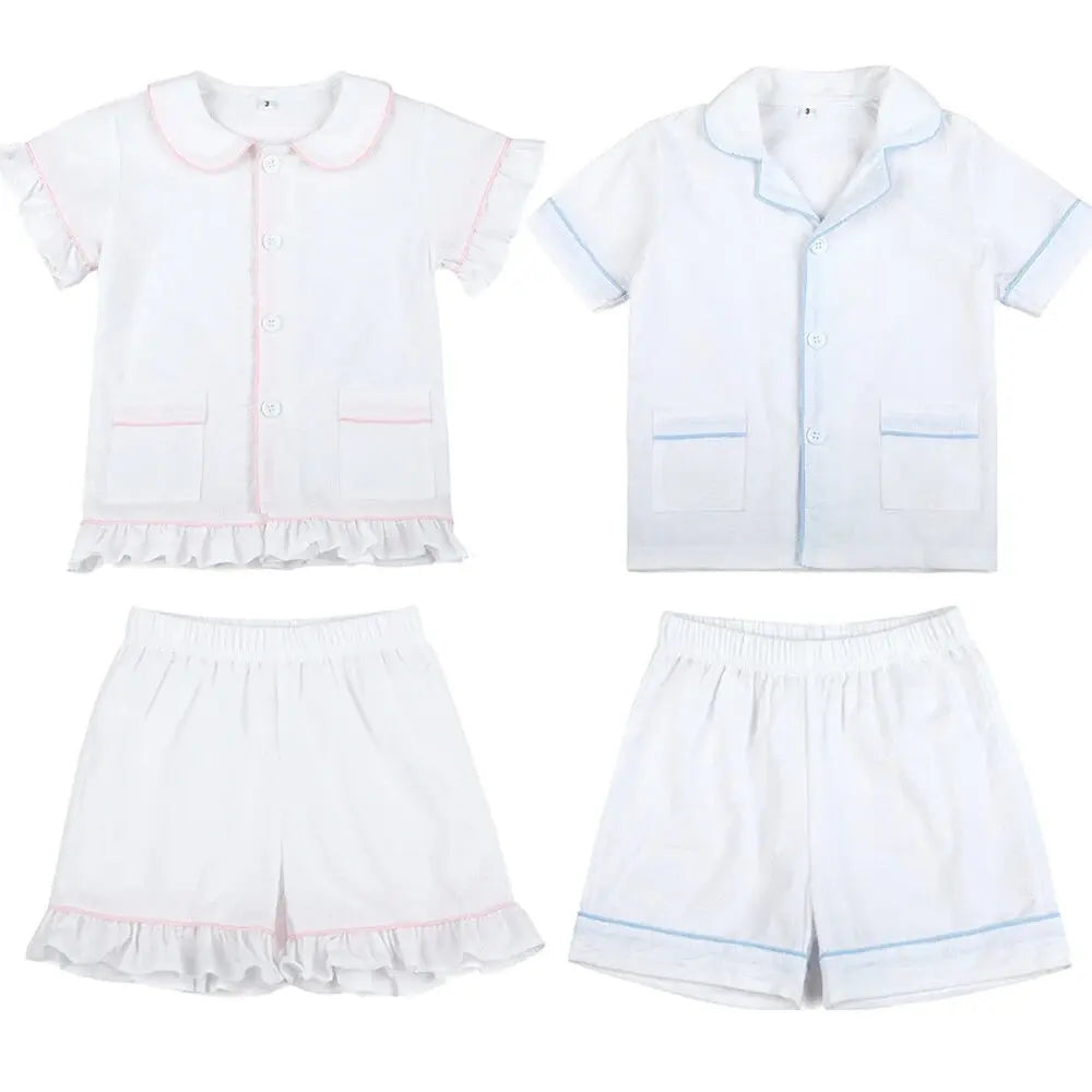 Ruffkids Summer Kids Pajamas Cotton Seersucker Sibling Matching Pjs Sleepwear Baby Clothes Loungewear Girls Boys Pyjamas Sets